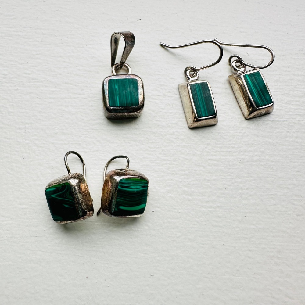 Vintage Mexico 925 Sterling Silver Malachite Jewelry Lot Earrings and Pendant